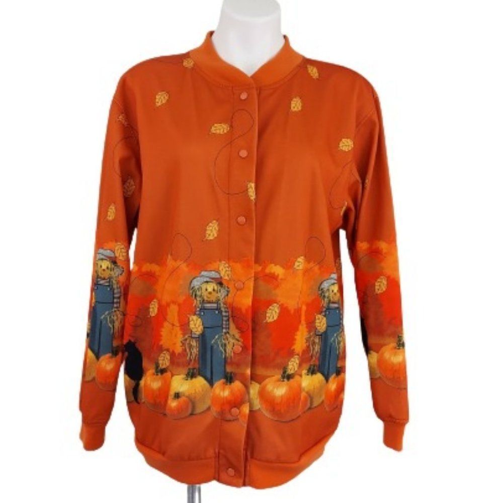 Vintage Y2K Blair Fall Scarecrows Black Cats and Pumpkins Snap-up Jacket